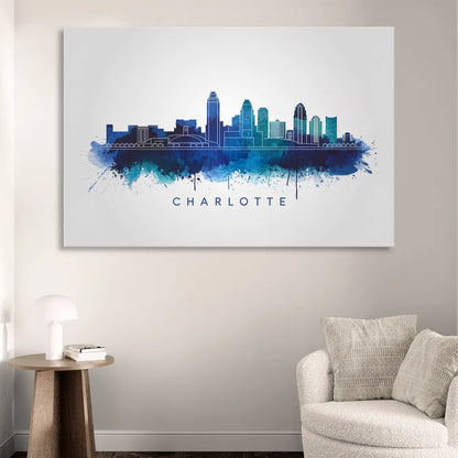 Charlotte Skyline With Blue Tones Living Room - Canvas Wall Art
