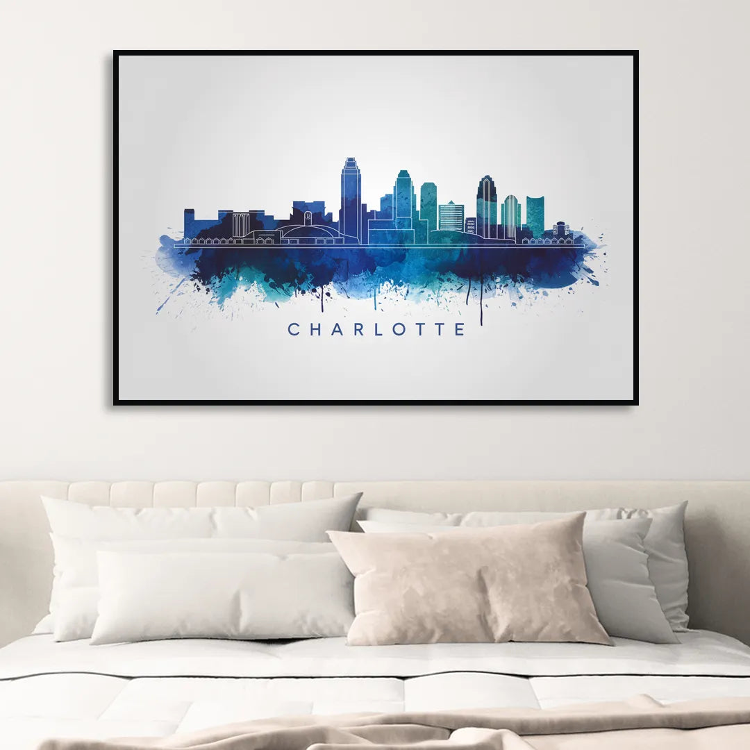 Charlotte Skyline With Blue Tones Sitting Room - Black Canvas Wall Art