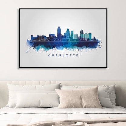 Charlotte Skyline With Blue Tones Sitting Room - Black Canvas Wall Art