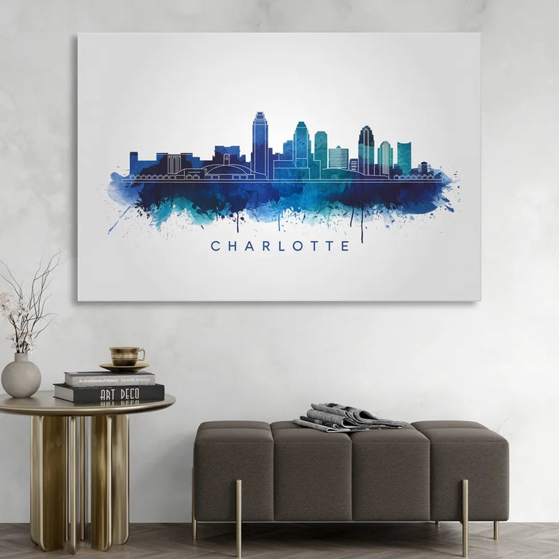 Charlotte Skyline With Blue Tones Sitting Room - Canvas Wall Art