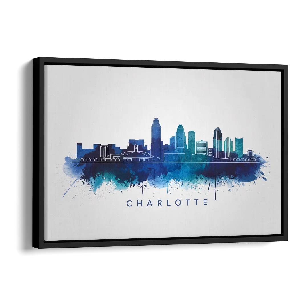 Charlotte Skyline With Blue Tones Side - Black Canvas Wall Art