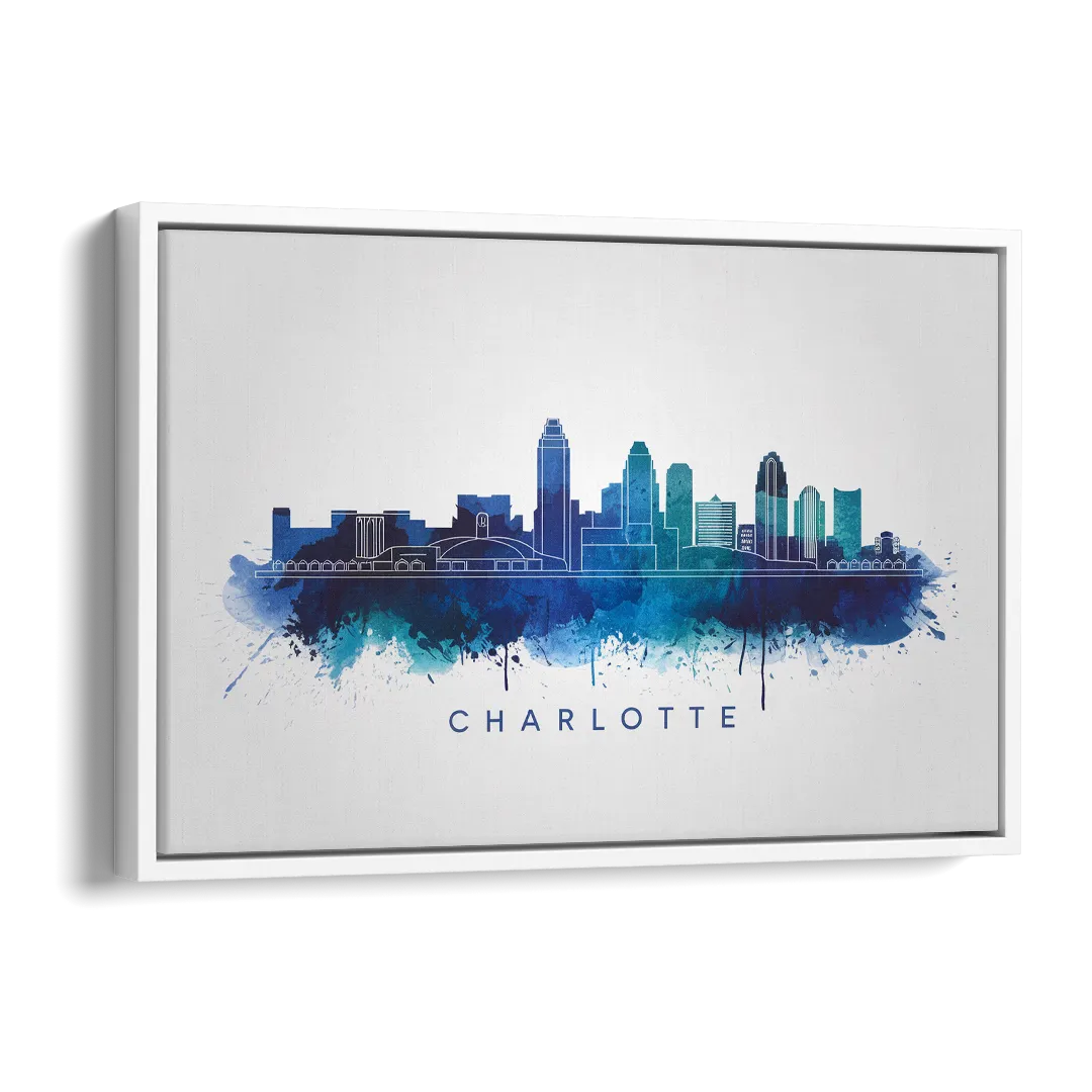Charlotte Skyline With Blue Tones Side - White Canvas Wall Art
