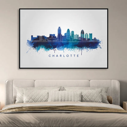 Charlotte Skyline With Blue Tones Living Room - Black Canvas Wall Art