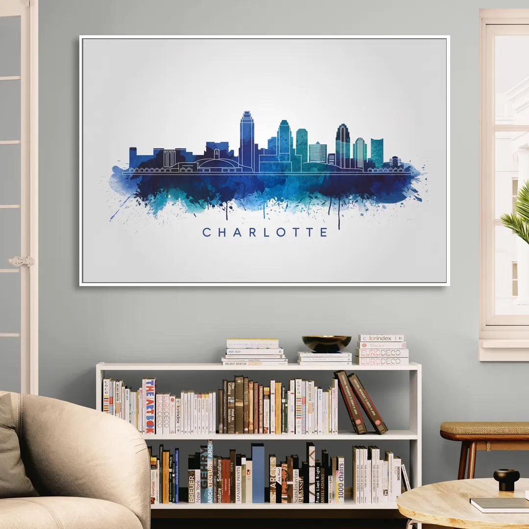 Charlotte Skyline With Blue Tones Sitting Room - White Canvas Wall Art