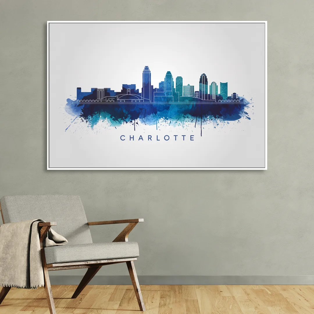 Charlotte Skyline With Blue Tones Living Room - White Canvas Wall Art