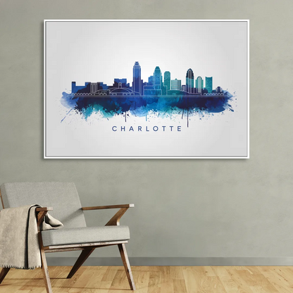 Charlotte Skyline With Blue Tones Living Room - White Canvas Wall Art