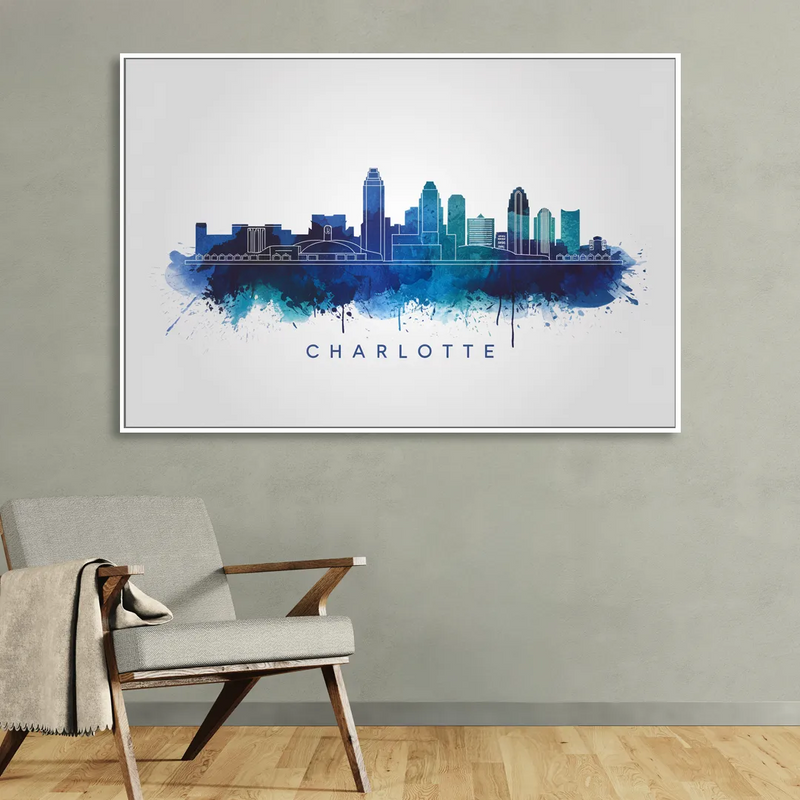 Charlotte Skyline With Blue Tones Living Room - White Canvas Wall Art
