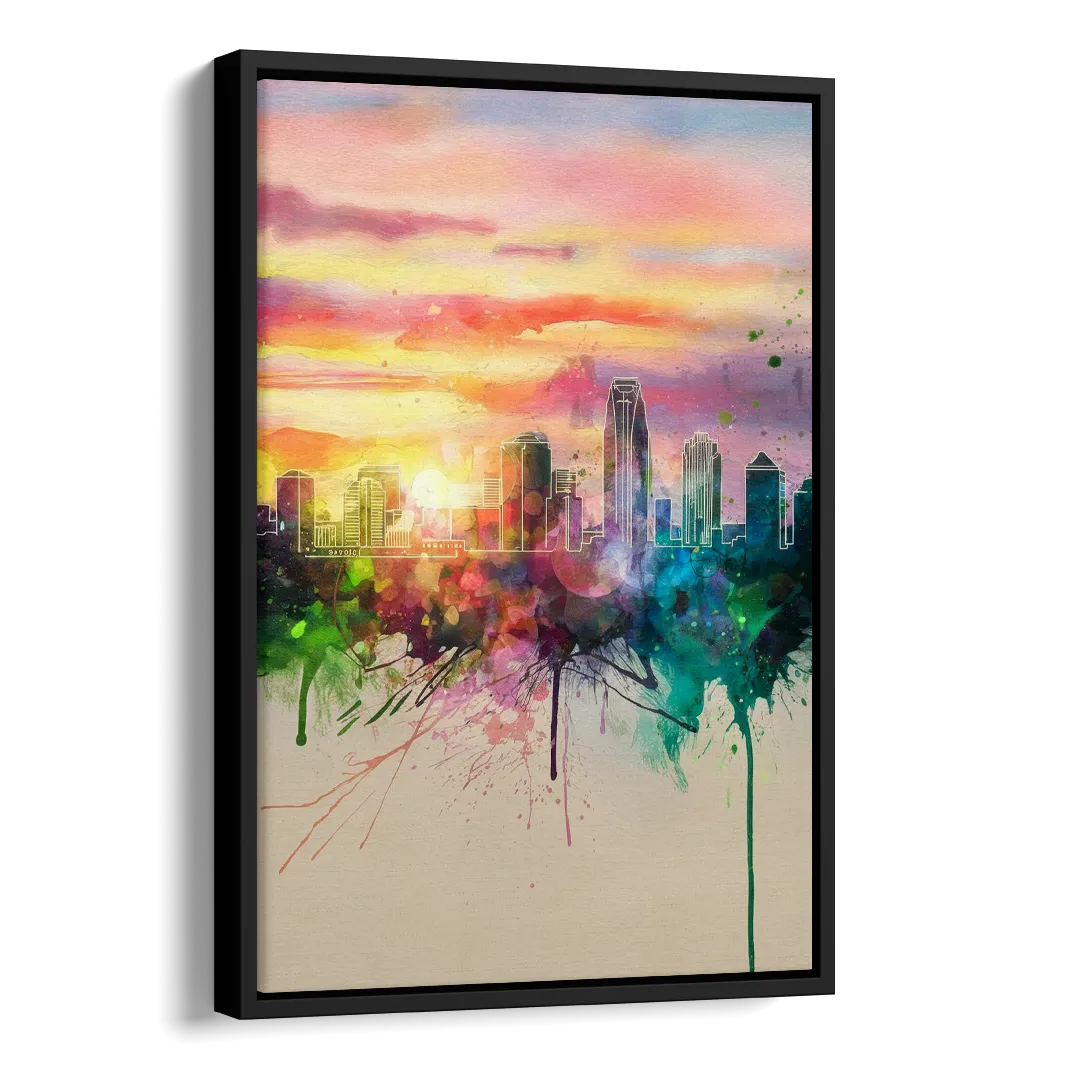 Charlotte Skyline at Sunset Side - Black Canvas Wall Art