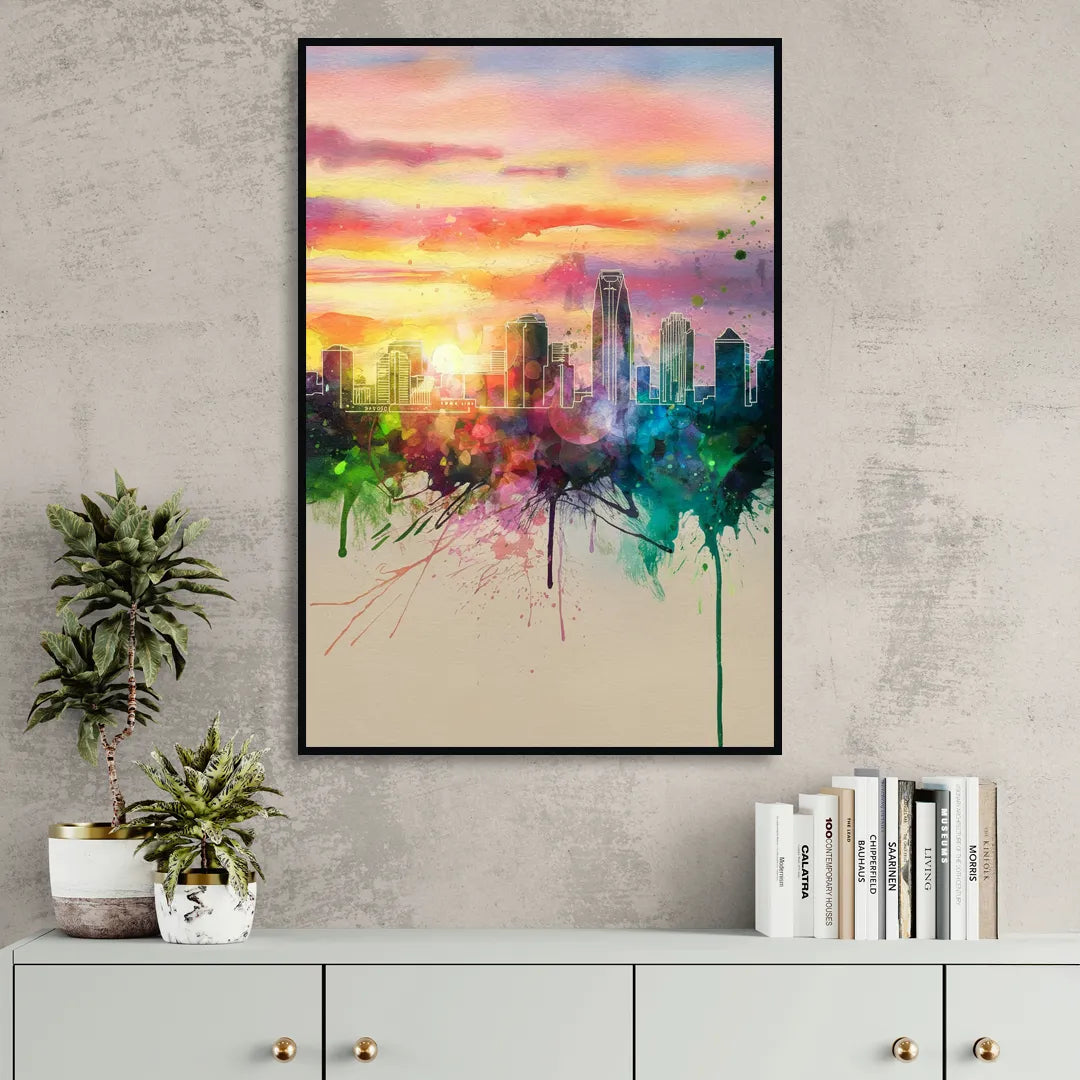 Charlotte Skyline at Sunset Sitting Room - Black Canvas Wall Art