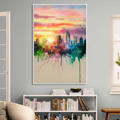 Charlotte Skyline at Sunset Sitting Room - White Canvas Wall Art