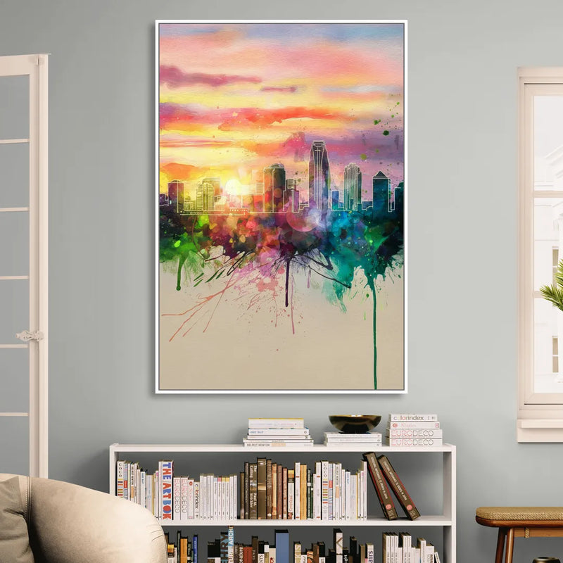 Charlotte Skyline at Sunset Sitting Room - White Canvas Wall Art