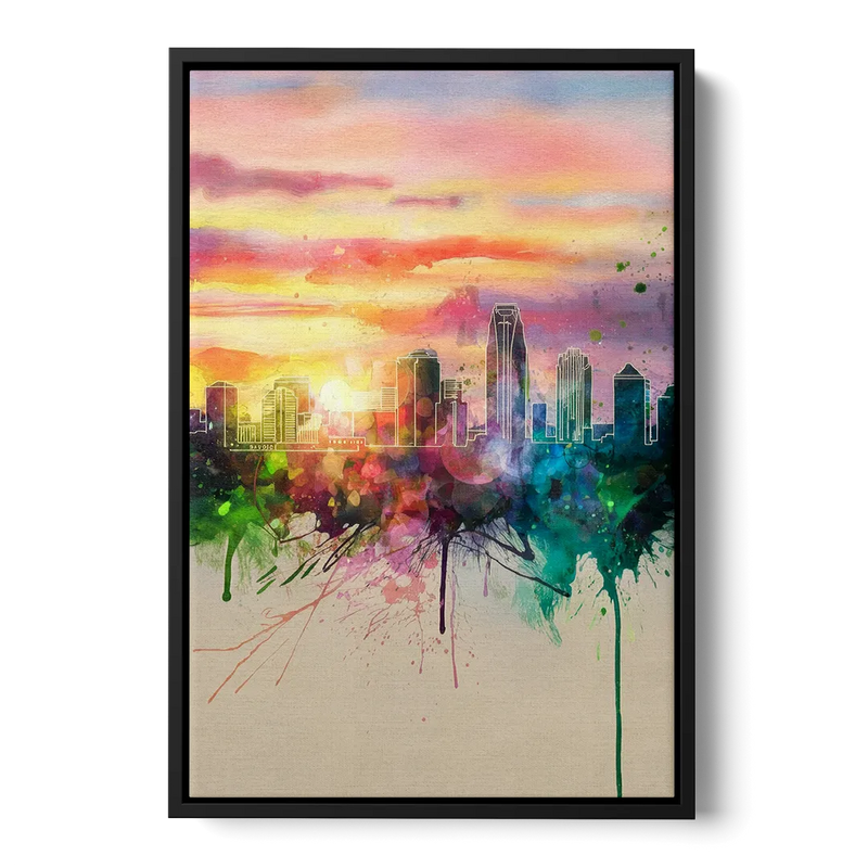 Charlotte Skyline at Sunset Front - Black Canvas Wall Art