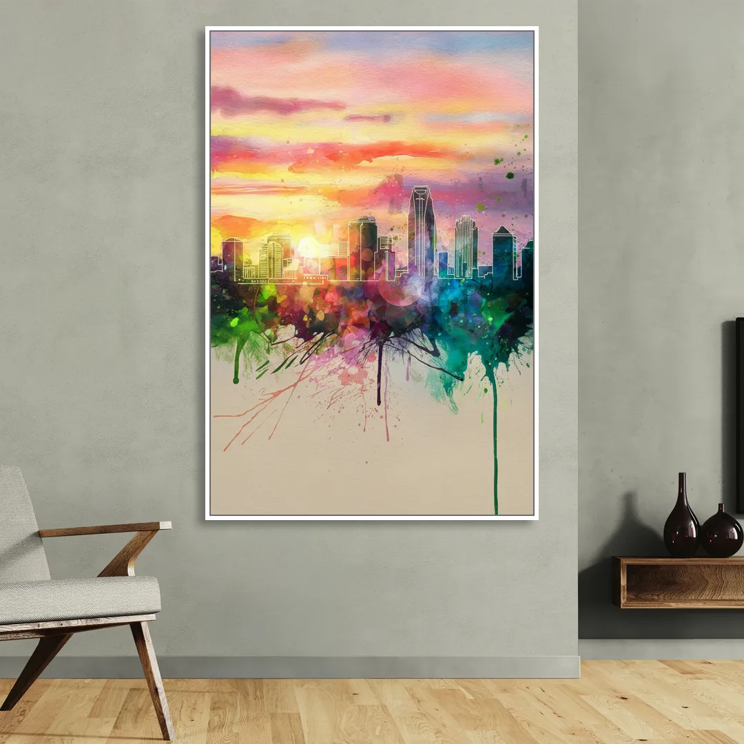 Charlotte Skyline at Sunset Living Room - White Canvas Wall Art