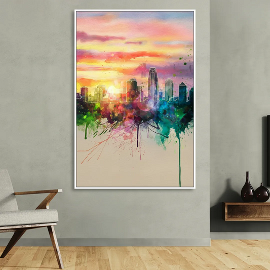 Charlotte Skyline at Sunset Living Room - White Canvas Wall Art