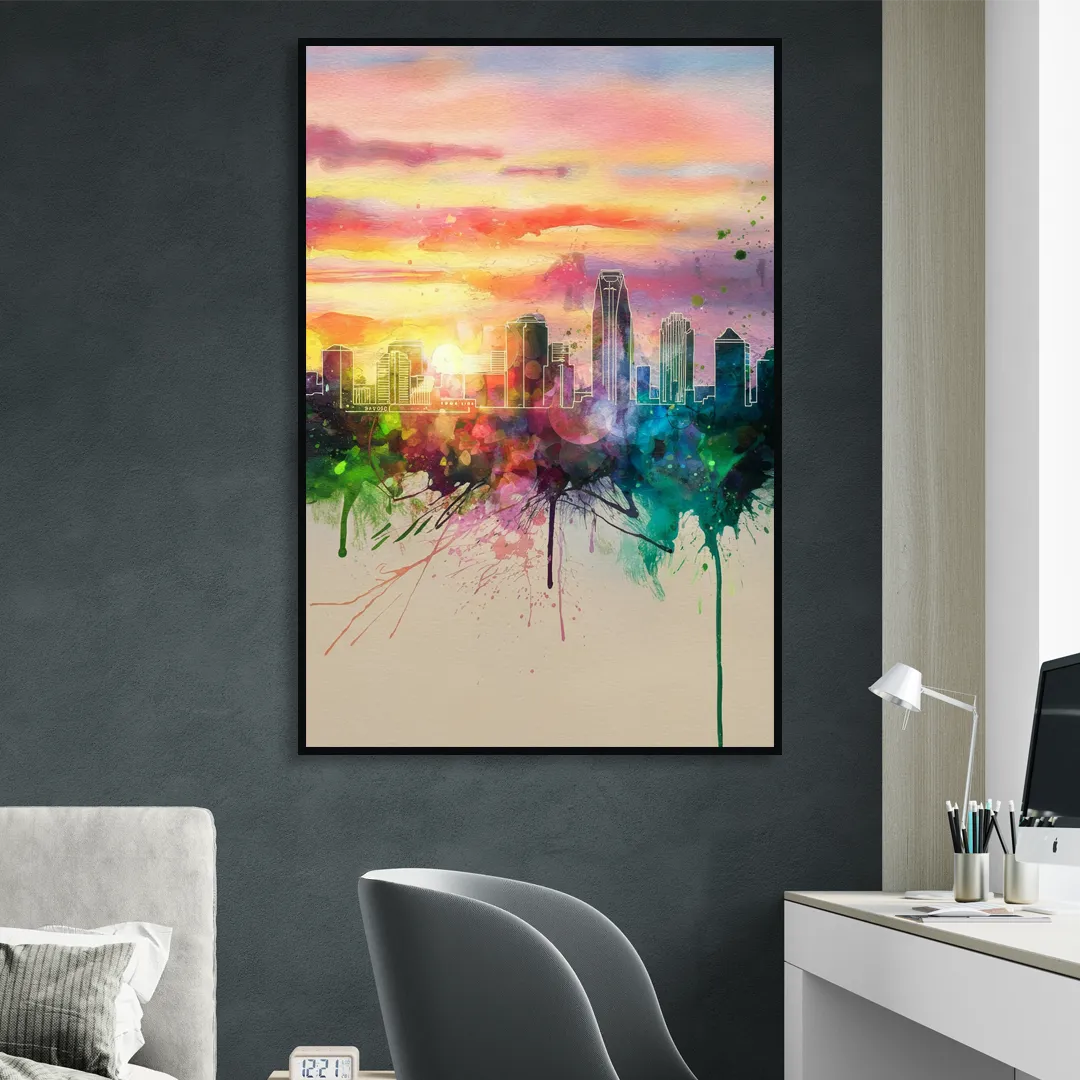 Charlotte Skyline at Sunset Living Room - Black Canvas Wall Art