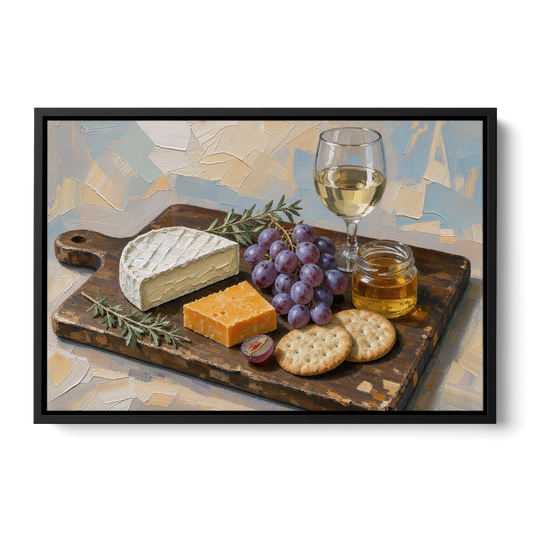 Cheese Board Painting With Brie and Grapes - Black Framed Canvas Wall Art - Front