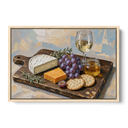 Cheese Board Painting With Brie and Grapes - Oak Framed Canvas Wall Art - Front