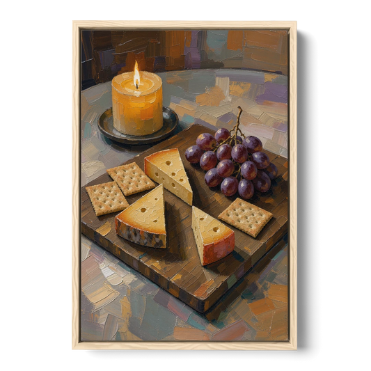 Cheese Board by Candlelight for the Restaurant - Oak Framed Canvas Wall Art - Front
