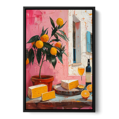 Cheese Painting with a Potted Orange Tree - Black Framed Canvas Wall Art - Front