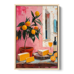Cheese Painting with a Potted Orange Tree - Oak Framed Canvas Wall Art - Front