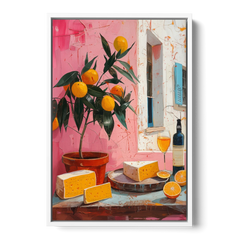 Cheese Painting with a Potted Orange Tree - White Framed Canvas Wall Art - Front