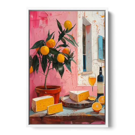Cheese Painting with a Potted Orange Tree - White Framed Canvas Wall Art - Front