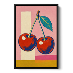 Cherries Painting with a Teal Leaf - Black Framed Canvas Wall Art - Front