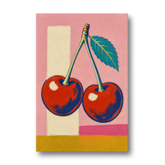 Cherries Painting with a Teal Leaf - Canvas Wall Art - Front