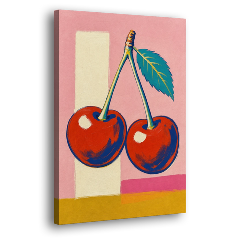 Cherries Painting with a Teal Leaf - Canvas Wall Art - Side