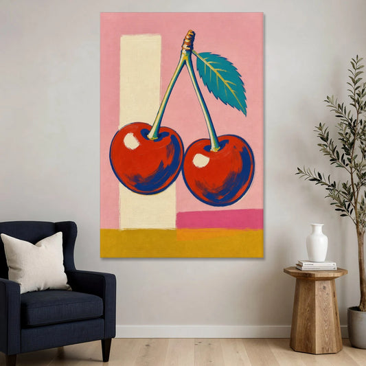 Cherries Painting with a Teal Leaf - Canvas Wall Art - Sofa - 40x60