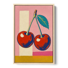 Cherries Painting with a Teal Leaf - Oak Framed Canvas Wall Art - Front