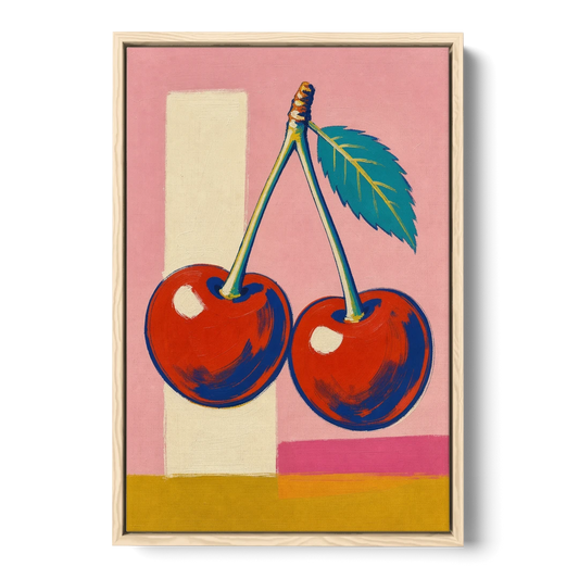 Cherries Painting with a Teal Leaf - Oak Framed Canvas Wall Art - Front