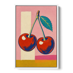 Cherries Painting with a Teal Leaf - White Framed Canvas Wall Art - Front