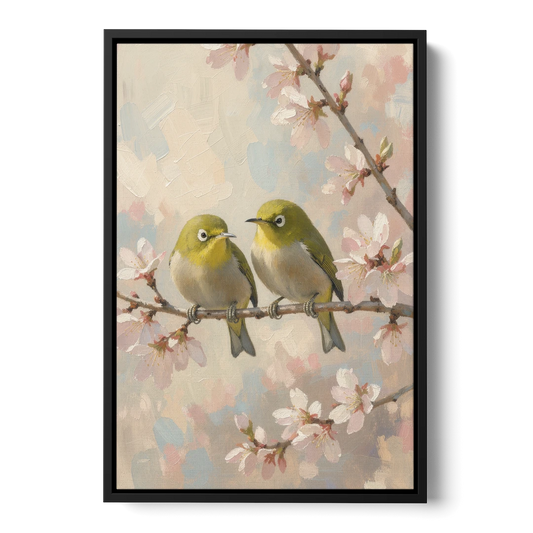 Cherry Blossom Bird Painting of White-Eyes - Black Framed Canvas Wall Art - Front