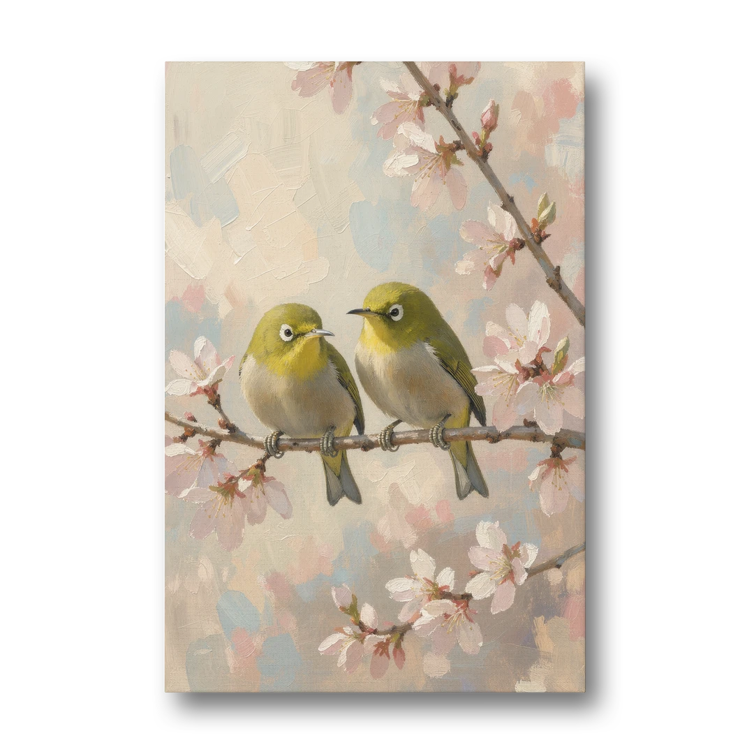 Cherry Blossom Bird Painting of White-Eyes - Canvas Wall Art - Front