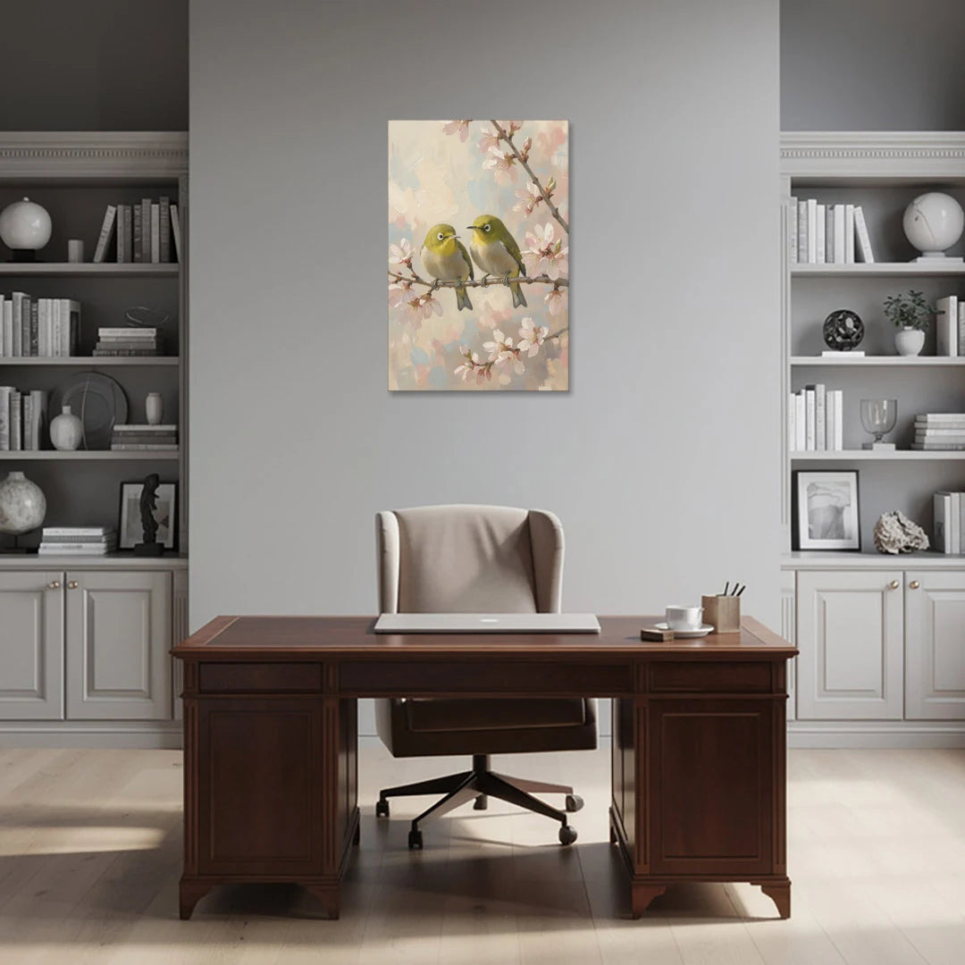 Cherry Blossom Bird Painting of White-Eyes - Canvas Wall Art - Office - 24x36