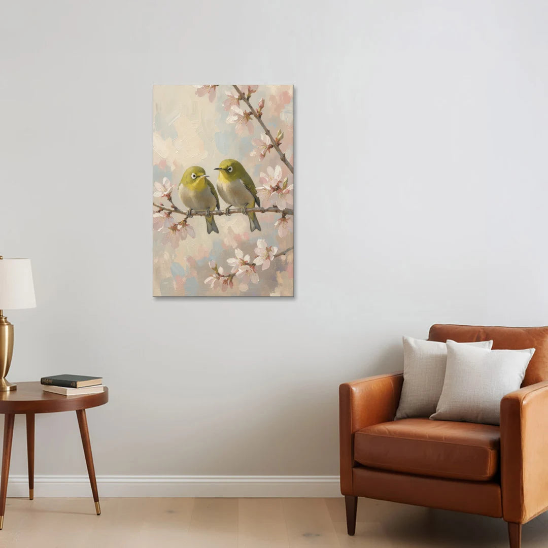 Cherry Blossom Bird Painting of White-Eyes - Canvas Wall Art - Sofa - 24x36