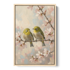 Cherry Blossom Bird Painting of White-Eyes - Oak Framed Canvas Wall Art - Front