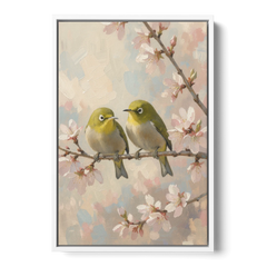 Cherry Blossom Bird Painting of White-Eyes - White Framed Canvas Wall Art - Front