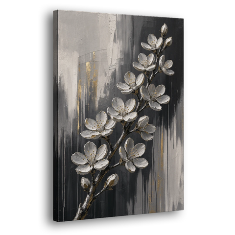 Cherry Blossom Branch Art in Charcoal and Gold - Canvas Wall Art