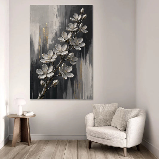 Cherry Blossom Branch Art in Charcoal and Gold - Canvas Wall Art - Sofa - 40x60