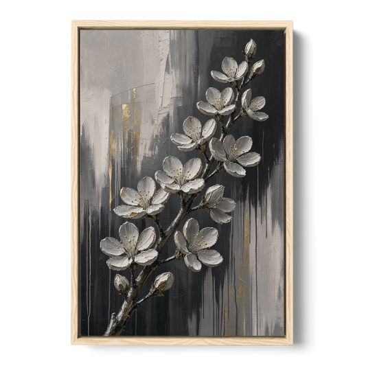 Cherry Blossom Branch Art in Charcoal and Gold - Oak Framed Canvas Wall Art - Front