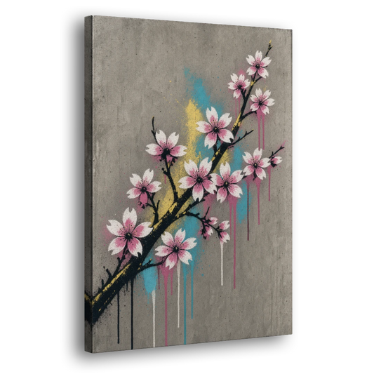 Cherry Blossom Branch Graffiti on Concrete - Canvas Wall Art - Side