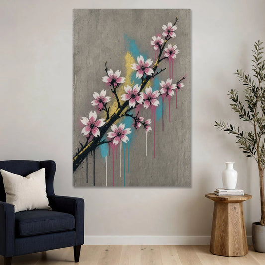 Cherry Blossom Branch Graffiti on Concrete - Canvas Wall Art - Sofa - 40x60