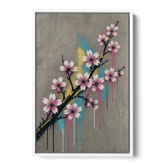 Cherry Blossom Branch Graffiti on Concrete - White Framed Canvas Wall Art - Front