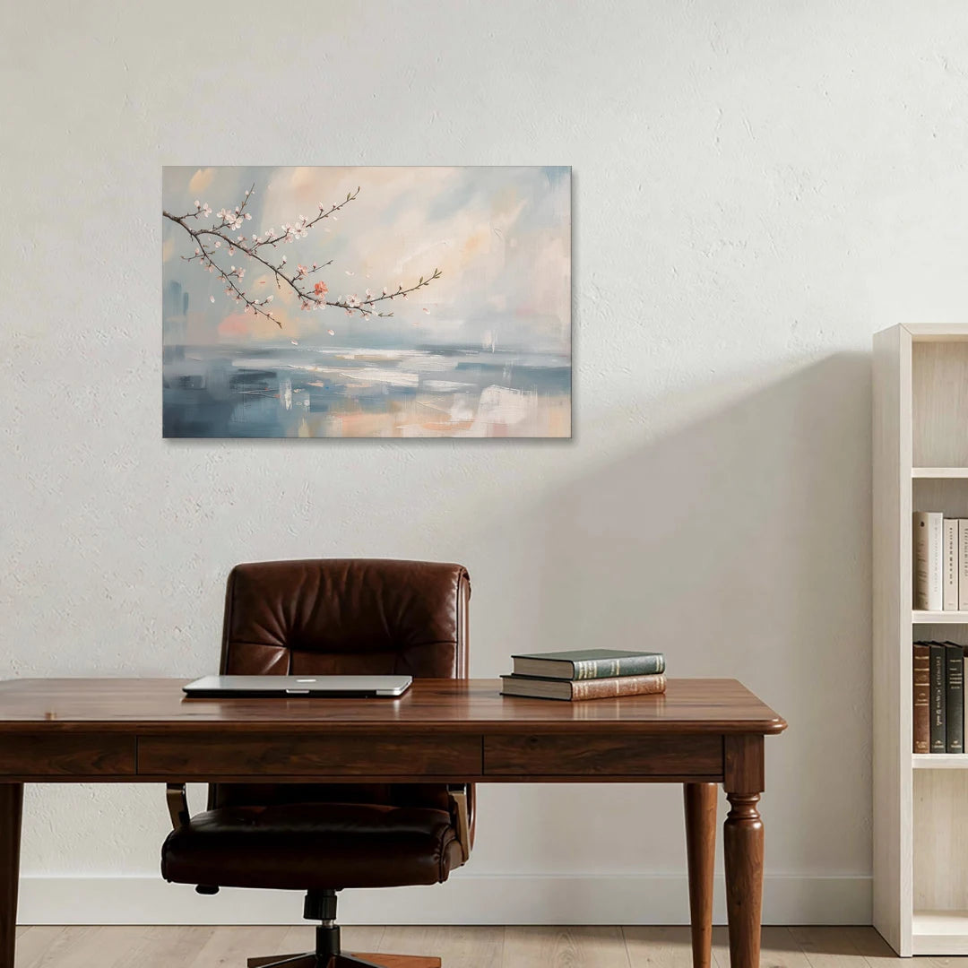 Cherry Blossom Branch Over Misty Sea - Canvas Wall Art - Office - 36x24