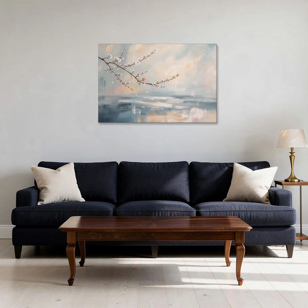 Cherry Blossom Branch Over Misty Sea - Canvas Wall Art - Sofa - 36x24