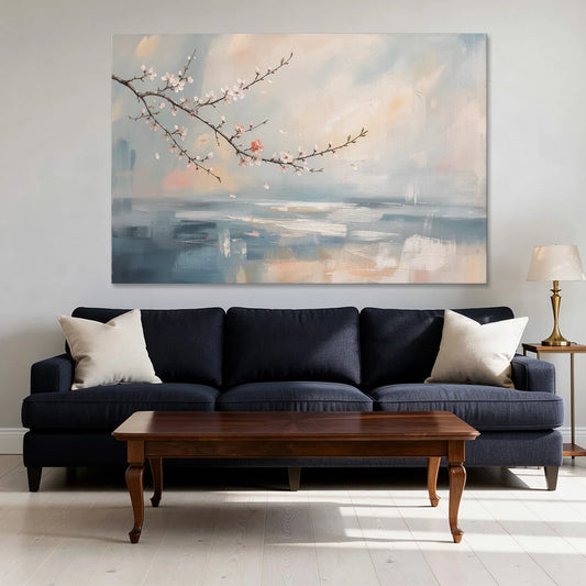 Abstract Cherry Blossom Branch Over Misty Sea - Canvas Wall Art - Sofa - 60x40