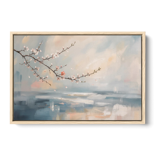 Abstract Cherry Blossom Branch Over Misty Sea - Oak Framed Canvas Wall Art - Front