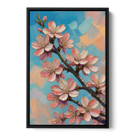 Cherry Blossom Branch Painting Against Turquoise Sky - Black Framed Canvas Wall Art - Front